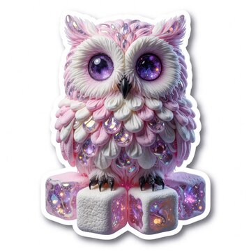 Whimsical pink and white owl art with sparkly purple eyes sits on cube blocks. This dreamy creature art features marshmallow textures and glitter accents for a magical feel. Perfect for kids themes.