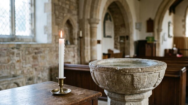 Lit candle beside an antique stone baptismal font inside a historic English church for religious ceremonies