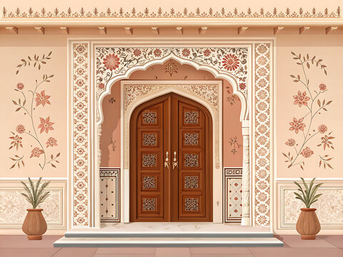 Elegant Indian haveli entrance, symmetrical carved wooden doorway, subtle floral ornamentation, muted terracotta and beige palette.