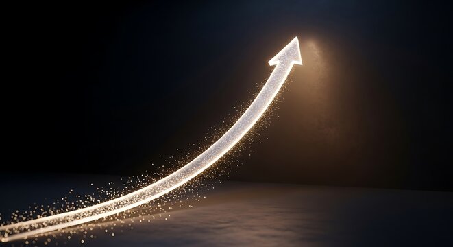 A luminous arrow with golden sparks ascends diagonally, symbolizing business growth and financial success.