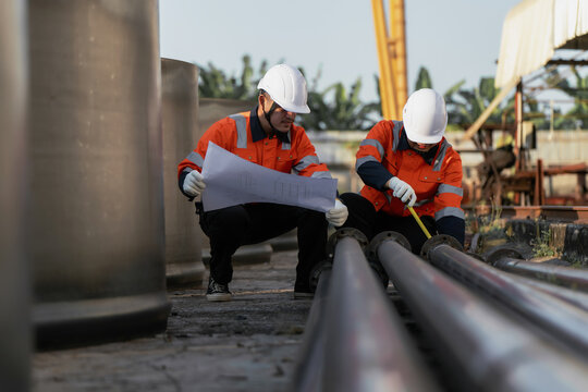 Engineers in hardhats measure steel pipes using tape and blueprint at outdoor factory yard. Concept of quality control, pipeline infrastructure development and civil engineering.