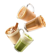 Obraz na płótnie Canvas Various latte and matcha beverages arranged in scattered style isolated on white background, concept refreshment drinks