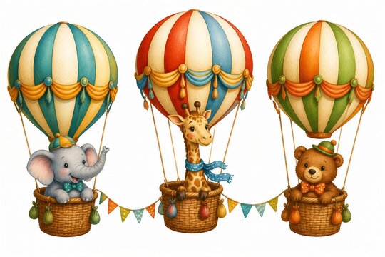 Elephant giraffe and bear riding hot air balloons on white