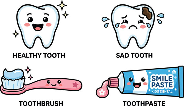 Dental care vector character sheet with healthy and sad teeth, toothbrush and toothpaste cartoon illustrations