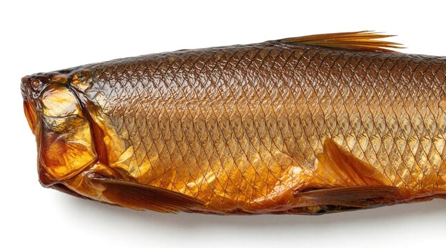 Whole smoked Baltic herring fish with golden brown scales. This single seafood delicacy is presented on a clean white background, ready for culinary use.