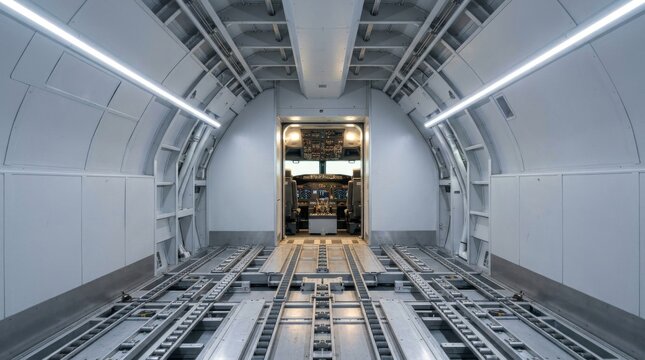 Empty cargo aircraft interior with metallic roller floor and cockpit view