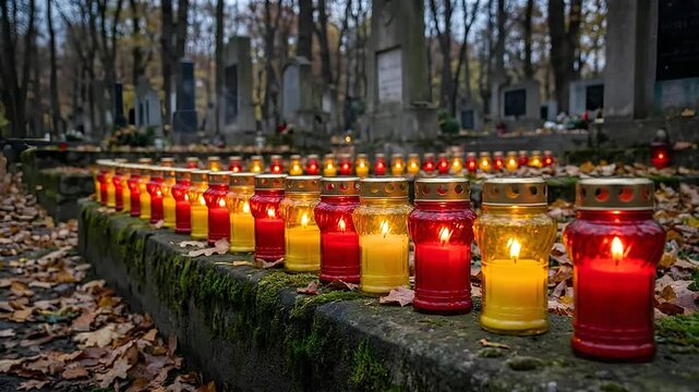 Glowing grave candles lined up in an autumn cemetery during All Saints Day.