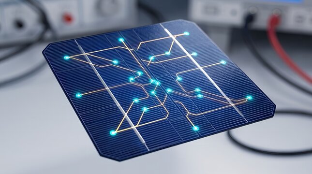 Close Up Monocrystalline Solar Cell with Glowing Circuit Pathways