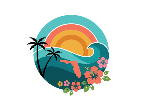 Retro tropical sunrise vector travel badge of Florida state map with palm trees and hibiscus flowers.