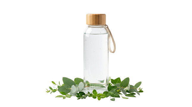 Reusable glass water bottle with bamboo lid, eco-friendly glass carafe with green leaves, sustainable hydration container isolated PNG with Transparent Background