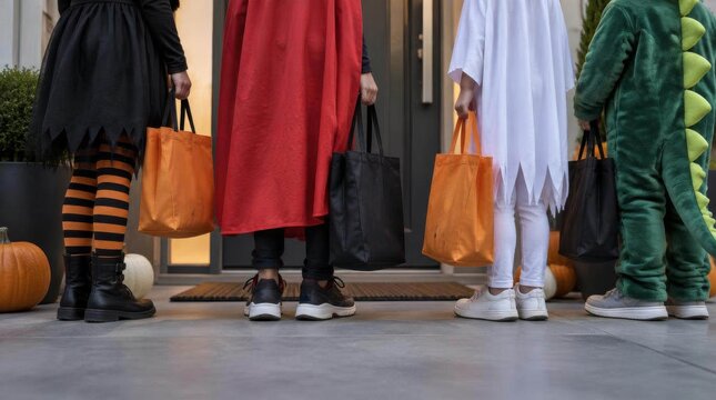 Four diverse children wearing colorful halloween costumes holding treat bags standing outside front door