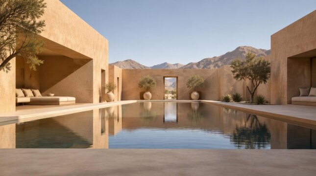 Modern desert villa courtyard with swimming pool and mountain view