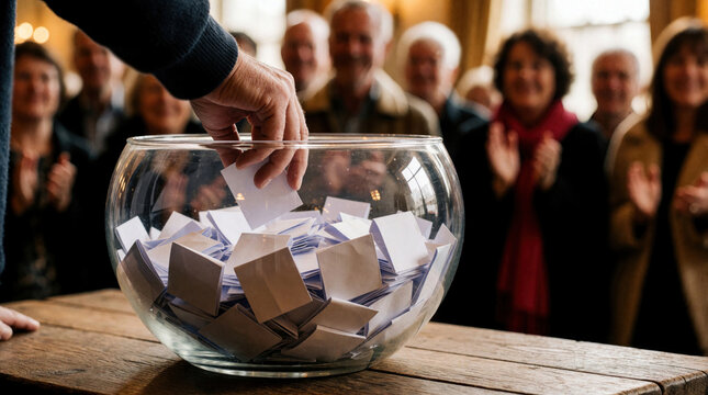 Hand picks paper slip from glass bowl full of slips, audience claps in background. Event winner selection process in progress, anticipation for lucky draw result. Chance, luck, opportunity depicted.