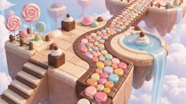 Magical floating island landscape made entirely of candy sweets and chocolate paths