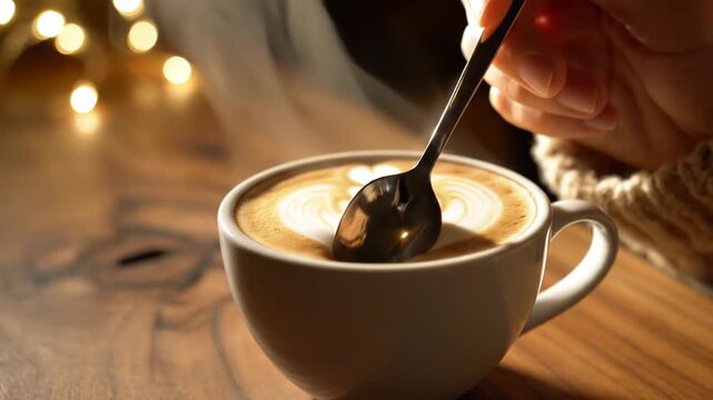 Steaming hot coffee latte with heart foam art in white ceramic cup on rustic wooden table, dark background with golden bokeh lights, cozy cafe atmosphere close-up perspective.