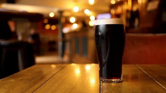 Two pints of stout beer with creamy foam head being taken from a rustic wooden table in a traditional irish pub.