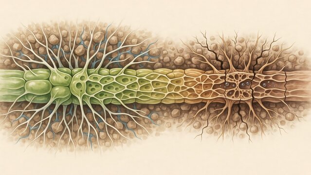 Cross section of a plant root absorbing nutrients from soil with detailed cellular structure and earthy tones for botanical study.