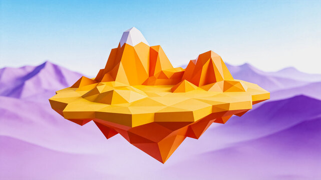 Low Poly Floating Island With Snow Capped Orange Peaks