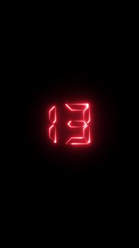 Red digital countdown timer number 13 glowing on black background, for cinematic intro, thirteen