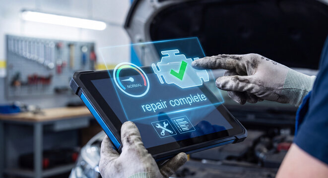 mechanic holds glowing vehicle diagnostic hologram with engine icon above tablet to verify repair completed, confirm part replaced, manage automotive service record