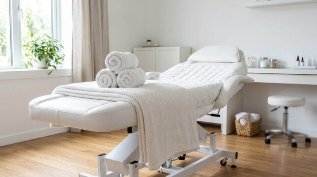 Modern white massage table inside a bright minimalist wellness salon interior