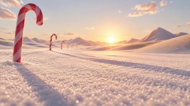 Red and white candy canes standing in snowy landscape during winter sunset
