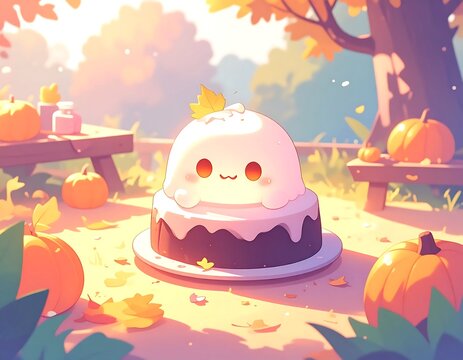 Cute Ghost Cake Celebrating Autumn in a Pumpkin Patch.