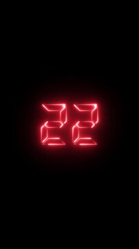 Glowing red digital number 22 neon countdown timer on black background