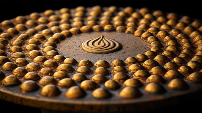 Ornate Bronze Metal Manhole Cover with Concentric Studded Pattern and Flame Emblem