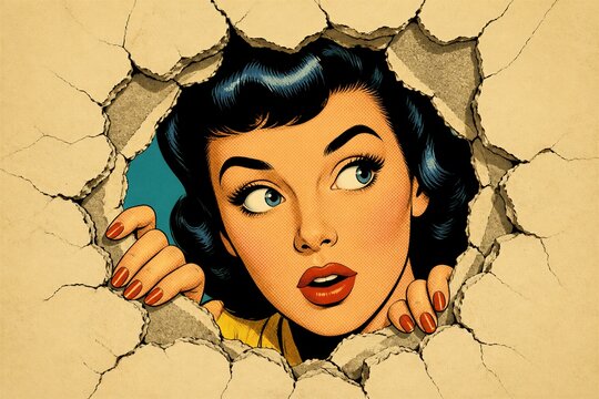 Woman peeking through torn wall hole in vintage comic panel