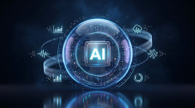 Futuristic artificial intelligence sphere with digital circuit patterns and data analytics icons floating in a dark cyberspace environment for technology marketing