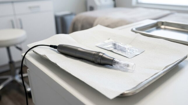 Modern cosmetic micro needling device resting on paper inside a clinic treatment room