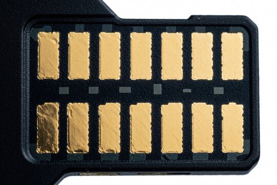 Macro shot of golden contacts on UHS-II SD card. This memory device stores large digital files, supports fast data transfer. Ideal for cameras, video production, it ensures high-quality recording.