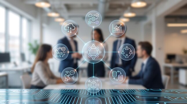 Business team in office meeting with glowing circular digital interface showing integrated management icons for smart automation and corporate workflow optimization technology