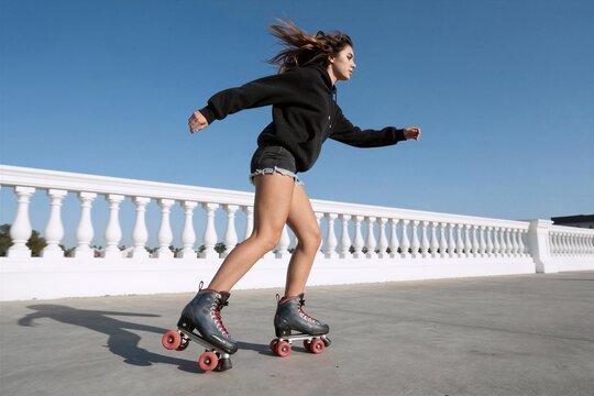 Young Woman Rollerblading on Sunny Terrace
