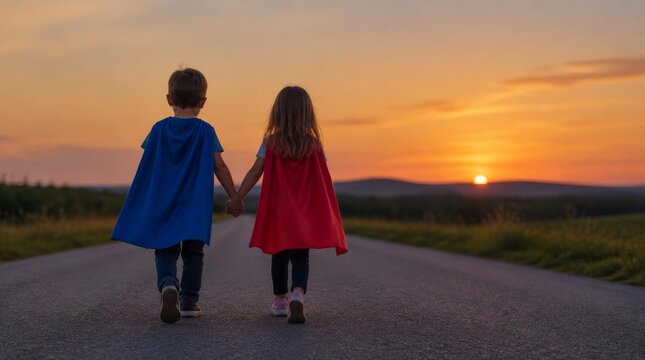 Two young children wearing superhero capes walking together hand in hand down a quiet country road during a golden sunset