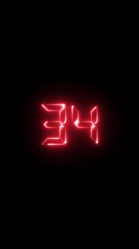 Neon red digital countdown timer number 34 glowing on black background