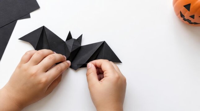 Origami bat paper craft hands making spooky halloween decoration flat lay
