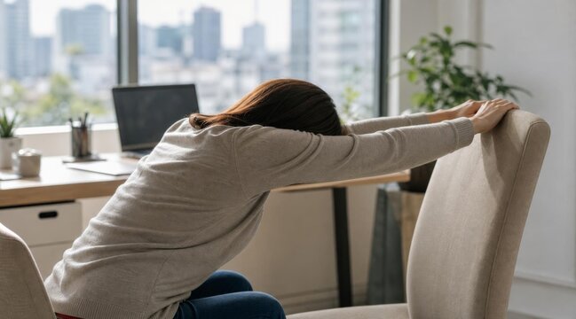 Tired woman stretching arms while sitting at office desk in bright room