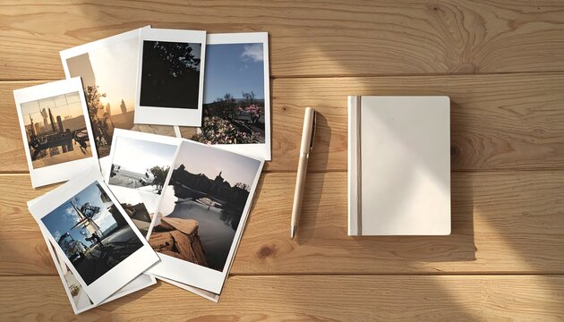 Fotograf&iacute;as impresas junto a un &aacute;lbum en blanco y un l&aacute;piz sobre una mesa de madera vistos desde arriba