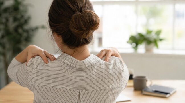 Woman massaging her aching shoulders at desk in bright office