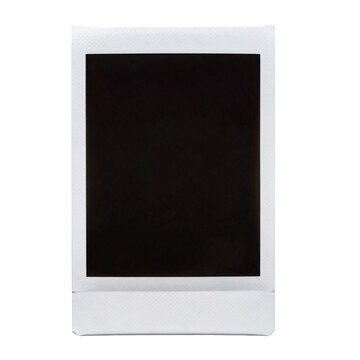 Blank instant film photo frame with dark square in the middle on white background