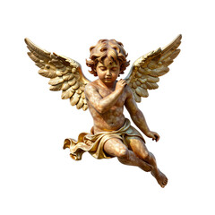 Fototapeta premium golden cherub statue with large feathered wings on a white background