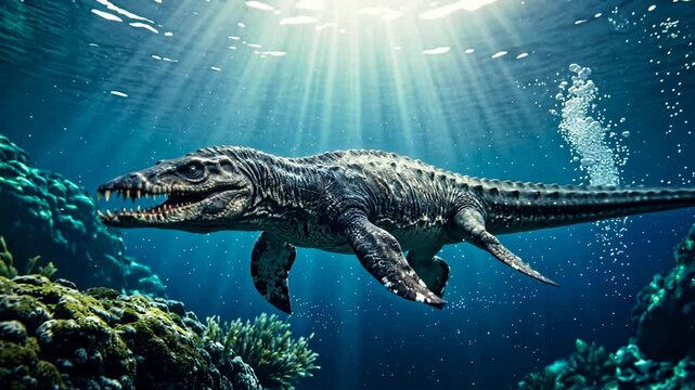 liopleurodon underwater close up at morning light in the ocean video