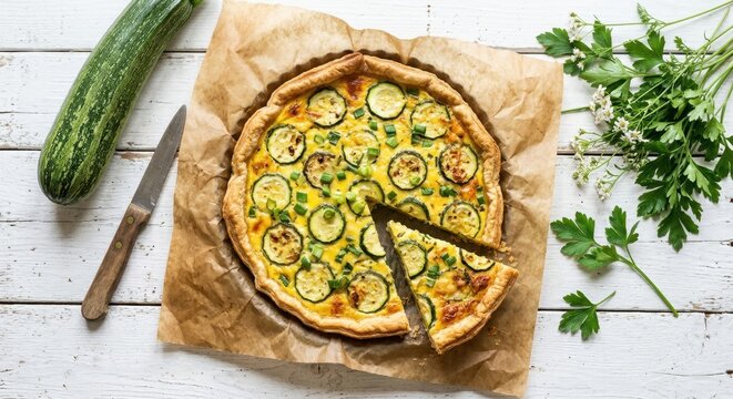 Top view of homemade zucchini quiche with fresh herbs on white wood. Savory vegetable tart with golden crust and one slice removed, featuring sliced zucchini, green onions, and parsley.