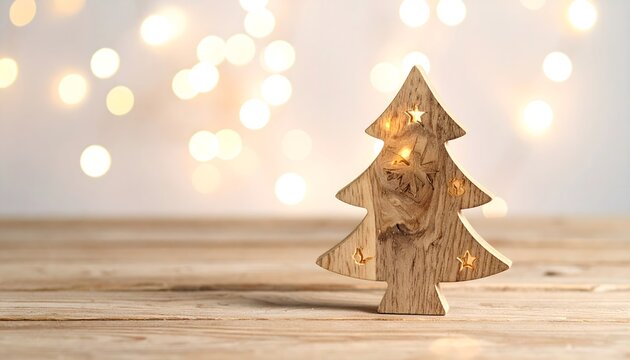 Adorno navide&ntilde;o de madera con forma de &aacute;rbol y estrella recortada sobre una mesa clara con luces c&aacute;lidas desenfocadas al fondo