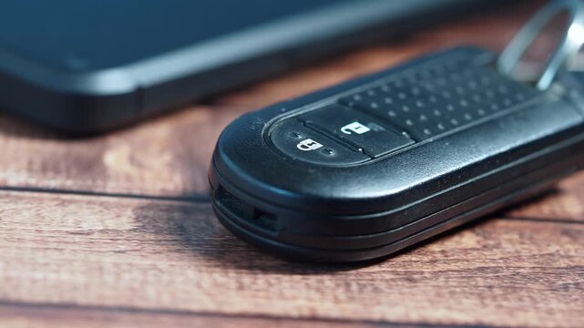 Car key fob with lock and unlock buttons on wooden table close-up motion