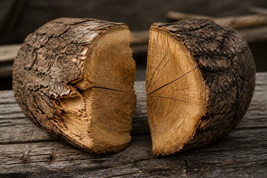 Split log halves resting on weathered wooden table surface