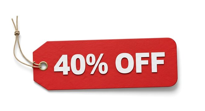 Bold red sale tag displaying 40 percent off discount prominently