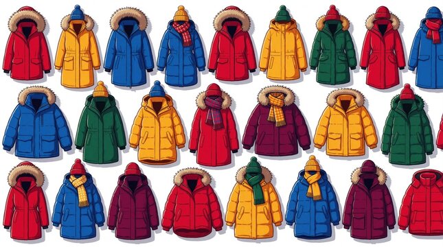 Colorful winter outerwear collection set on white background. Variety of warm parkas, heavy jackets, cozy coats with fur hoods. Stylish seasonal clothing includes bright red, blue, yellow, green